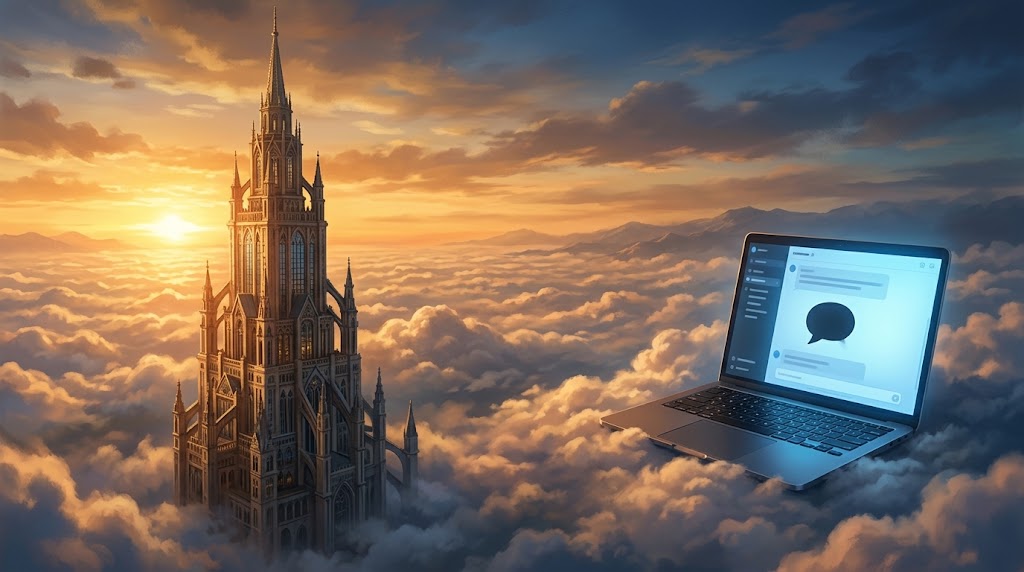 A towering Gothic cathedral spire rising out of a sea of clouds at sunrise, beside a laptop floating in the same clouds showing a chat app